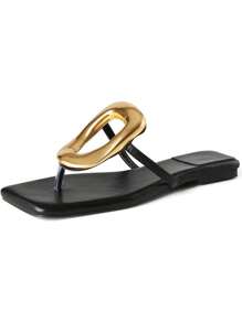Gold Metallic Women Sandals Square Toe Hardware T-Strap Flats Metal Fashion Casual Dress Flip Flop Slides Woman - 黑色 - 查看 6
