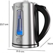 MasterChef by Hukën | Tetera Eléctrica Fuse+ con Infusor Removible | Hervidor de Vidrio/Acero Inoxidable | Base Giratoria 360° | Capacidad de 1.7 L | Calentador de Agua Rápido y Seguro (ON/OFF ACERO) - 1 - Ver 9