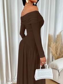 abyoxi Solid Color Off-The-Shoulder Pleated Asymmetrical Waist Long Sleeve High Elegance Women's Long Dress For Party Dates, Back To School, Fall/Winter Clothes For Women
