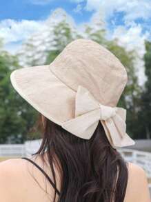 1件优雅休闲蝴蝶结装饰防紫外线渔夫帽春夏秋季大檐沙滩帽防紫外线盆帽