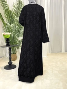2 Peças/Conjunto Abaya Feminina Cardigan de Renda, Roupão com Cinto, Estilo Elegante Europeu e Retrô, Manga Longa, Modesto
