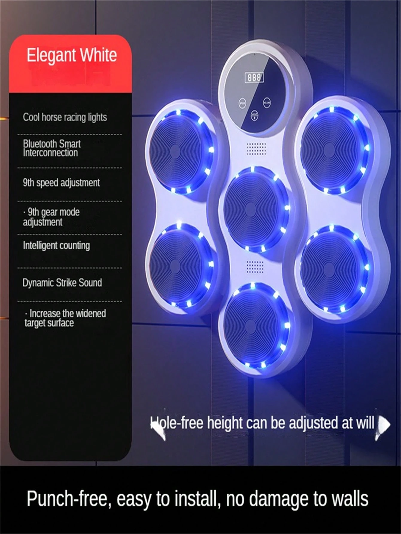 Macchina Da Boxe Musicale Intelligente Con LED - 9 Modalità, 18 Velocità, Montaggio A Parete Senza Fori - Per Adulti E Bambini