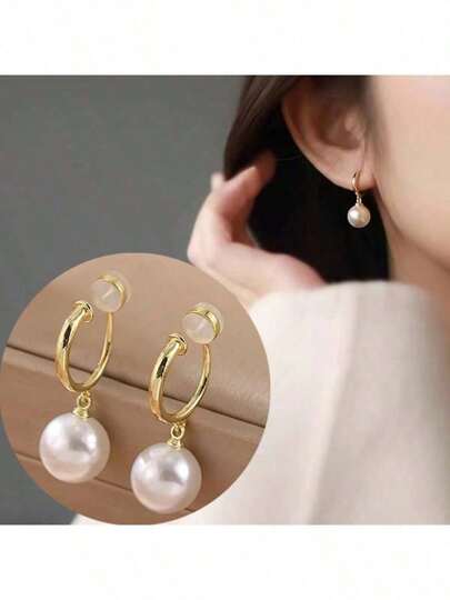1 Pair Fashion Faux Pearl Circle Clip On Earrings For Women, Elegant Quality Silicone Earrings Jewelry Gift