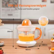 Elektrische Saftpresse mit 2 Kegeln, Orangenpresse 40 Watt, Zitruspresse 0,7 Liter, 2 Drehrichtungen, Hohe Saftausbeute, Tropfsicherer Auslauf - Frischer Saftgenuss