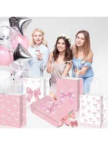 2/8PCS Chic Pink Bow Party Favor Bags, Elegant Paper Gift Bags, Unique Double-Sided Design, Perfect For Weddings, Teen Parties, Birthdays, Mother's Day Gift Packaging Bags And Celebrations