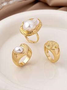 3pcs/Set Asymmetrical Baroque Pearl Ring Set, Elegant Personalized Daily Fashion Jewelry Gift For Women - Multicolor-ring Set - View 2