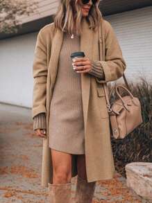 Women's Long Cardigan Wool Coat Open Front Pockets Warm Lapel Jacket Coat Fall Outerwear - Màu Khaki - Xem 1