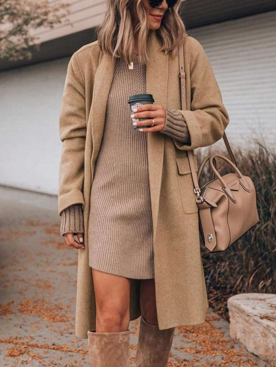 Women's Long Cardigan Wool Coat Open Front Pockets Warm Lapel Jacket Coat Fall Outerwear - Màu Khaki - Xem 1