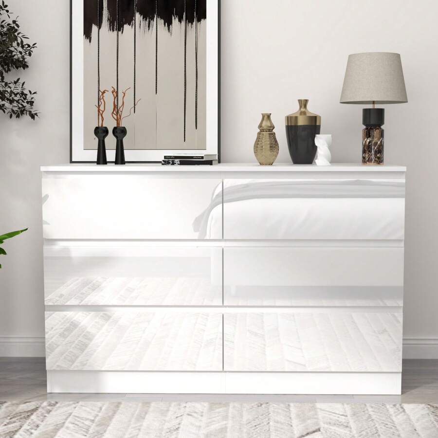 6 Dresser For Bedroom, High Gloss Dresser Organization And Storage Drawer Dresser, Makeup Organizer Dresser With Ample Storage Space, Modern Dresser For Bedroom, Hallway, Office - White - View 1