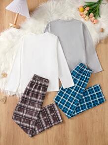 A 4-Piece Set Of Fashionable Casual Boys' Home Clothes, Featuring A Perfect Combination Of Moon Goodnight And Coffee Time Patterns, Paired With Casual Checkered Pants And A Round Neck Long Sleeved Top. Comfortable Fabric, Suitable For Daily Wear At Home And While Walking Dogs