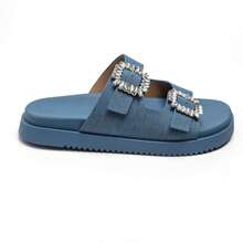 Flat Sandals With Rhinestone Buckles And Comfort Sole - Blue - View 4