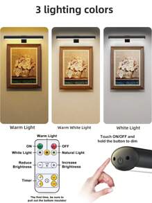 Luminária de parede interna recarregável, 3 temperaturas de cor e regulável, luminária para computador pessoal, luminária de pintura com controle remoto, luz de imagem sem fio, luminária de arte com brilho e temporizador ajustáveis, luminária de paralaxe LED, luminária de espelho de penteadeira
