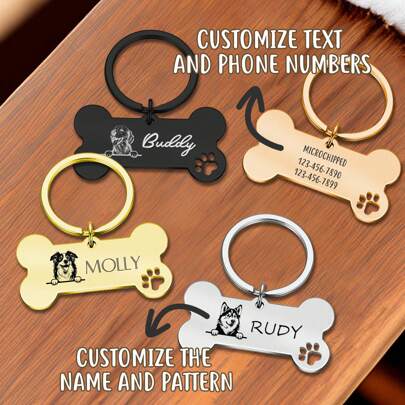 1pc Bone Dog Peeking Personalized Dog Portrait Tags - Double Sided Engraved Pet Name Tags For Pets Double Sided Stainless Steel Pet Id Tags