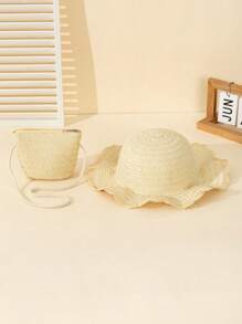 2pcs/Set White Summer Wave Beach Sun Hat & Straw Crossbody Wallet Set, Sweet Style For Daily, Holiday, And Travel