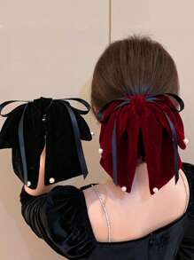 1 pièce, imitation velours noir/bordeaux, ruban décoratif en perles, grande pince à cheveux pour femme, pince à cheveux de qualité supérieure, douce et élégante, demi-queue de cheval, couvre-chef multifonctionnel, convient pour les tenues de fête décontractées au quotidien