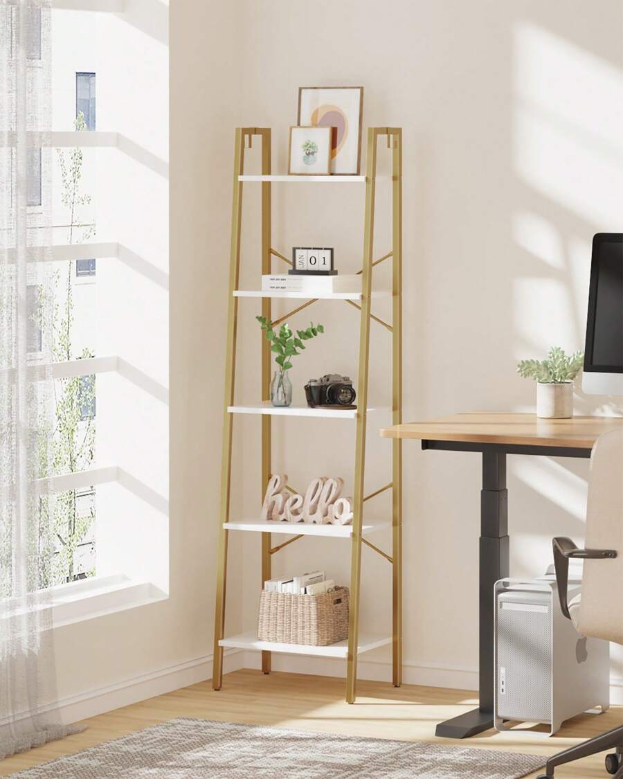 HaluPeit 4/5-Tier Ladder Shelf, Bookshelf Bookcase, Freestanding Corner Storage Shelve With 2 Hooks For Home Office, Living Room, Kitchen, Bedroom, Industrial,Home Decor, White And Gold - Vàng - Xem 1
