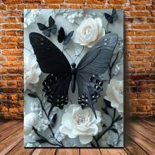 Fashion Black Butterfly And White Flower Canvas Art - Wooden Frame Canvas Painting 1 Piece (3) Thickness 2.25cm / 0.9inch , Home Gift Decoration, Room Decoration Aesthetics, Wall Decoration Art, Perfect Gift, Autumn Winter Wall Decoration, Living Room Decoration, Bedroom Decoration, Kitchen Decoration, Entrance Decoration, Bathroom Decoration, Direct Wall Painting, High-Quality Wall Painting Poster