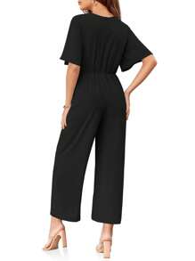 Larisa Womens Wide Leg Jumpsuit Short Sleeve Tie Knot Front Summer Long Romper Stylish Outfit - 黑色 - 查看 6