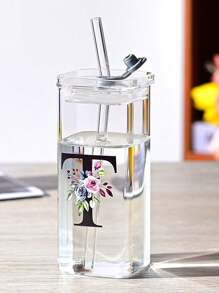 1pc A-Z Flower Letter Pattern Square Glass Cup, Simple And Heat-Resistant Flat Bottomed Cup For Office And Household Use, Milk Coffee Cup With Square Mouth, Bridesmaid Gift, Birthday Gift