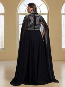 Elisanya Plus Size Elegant Luxury Mesh Rhinestone Chiffon High Neck Long Sleeve Dress For Party, Wedding Guest Dress, Formal Dress, Evening Dress