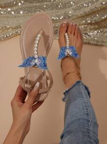 Women's Brown Fashion Casual Round Toe Pearl Butterfly Flat Sandals