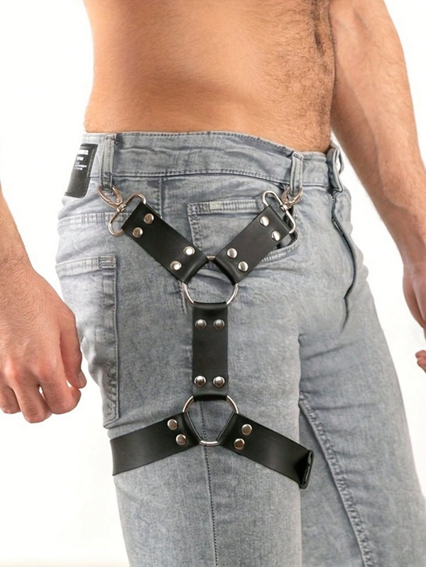 1 Stück Schwarzer PU-Leder modischer Oberschenkel-Gürtel für Herren, Hüftoptik Oberschenkel-Riemen mit Anhänger, personalisiertes Jeans-Hänge-Accessoire, Sommer-Ferienbekleidung Dekoration