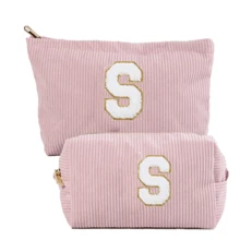 2pcs Pink Minimalist Embroidered Letter Corduroy Makeup Pouch, Large Capacity Portable Handbag Travel Cosmetic Bag, Mother's Day Gift - Pink - View 19