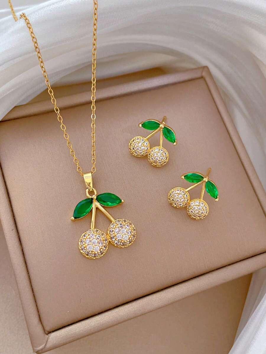 1 套不锈钢樱桃叶项链和耳环，全镶嵌奢华微镶嵌个性化宴会珠宝礼物 - 金色 - 查看 1