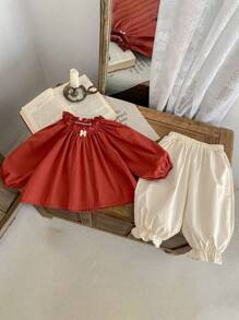 Spring New Baby Girl Set, Ruffled Collar Long Sleeve Top + Solid Color Loose Comfortable Pants, 2pcs - Burgundy - View 2