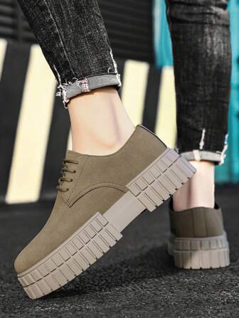 男士时尚低帮厚底皮革系带圆头工作靴，复古英伦风格男士正装鞋，适合聚会和商务