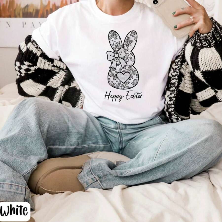 Womens Plus Size Tops Comfort Colors Easter Shirt, Lace Bunny Shirt, Womens Easter Shirt, Coquette Easter Shirt, Happy Easter Tshirt, Easter Gift, Lace Bow Shirt Easter Decorations Round Neck T-Shirt For Women - trắng - Xem 1