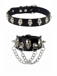 朋克颈链 手链 尖刺项圈 项链 PU 皮革 腕带 袖口 可调节 哥特式珠宝