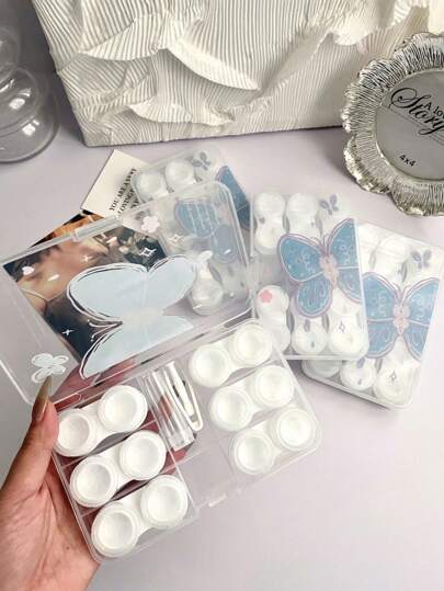 XIANG YU 1 Item Small-Batch Vintage Butterfly Transparent Style Hand-Painted Butterfly Contact Lens Case With Mirror, Suitable For Storing And Caring For 6 Pairs Of Lenses, Including Contact Lenses And Colored Lenses Pink