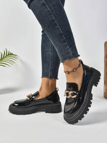 Black Chain Decor Slip-On Platform Loafers For Women, Preppy British Style, Suitable For Spring/Autumn