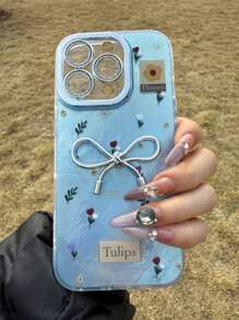 Bow-Knot Spring Delicate Blue Ditsy Floral Metallic 3D Bow Phone Case Compatible With IPhone 16 ProMax New Models, IPhone 15 Pro/14 Plus/13 Luxury High-End 11 Female 15 Pro Full Coverage With Lens Film 12/11 Anti-Drop Protective Cover Waterproof Shockproof Scratch Resistant - Blue - View 4