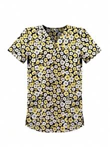 Women's V-Neck Top Floral Pattern Printed Nurse Uniform, Scrub Top With Pockets - Multicolor - View 4