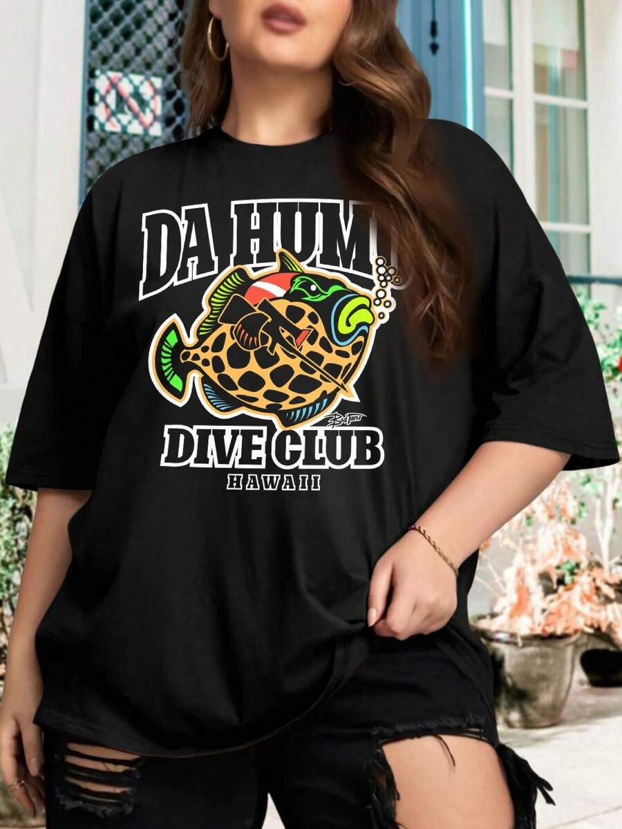 Hawaii Diver Fishing Lover Oversize Oversize Women T-Shirt DA HUMU Triggerfish Big Size Women's Tee - Black - View 1