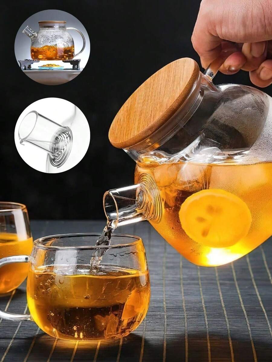 Borosilicate Glass Kettle Teapot Bamboo Lid 1 Liter Heat Resistant - Clear - View 1