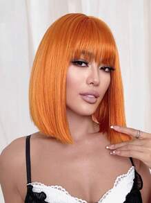 Peluca corta y recta de pelo sintético con flequillo, color naranja, para uso diario, fiestas, festivales de música de primavera, de 12 pulgadas