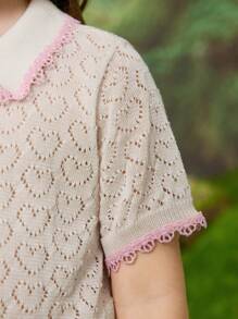 Girl's Polo Collar Short Sleeve Hollow Heart Knitted T-Shirt - Beige - View 9