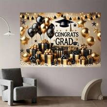 1 PC, Graduation Party Background Flag, Polyester, "Congratulations To Graduates" Theme, With Balloon And Gift Design, Suitable For Memory Photos And Celebration Events, Indoor/Outdoor Use