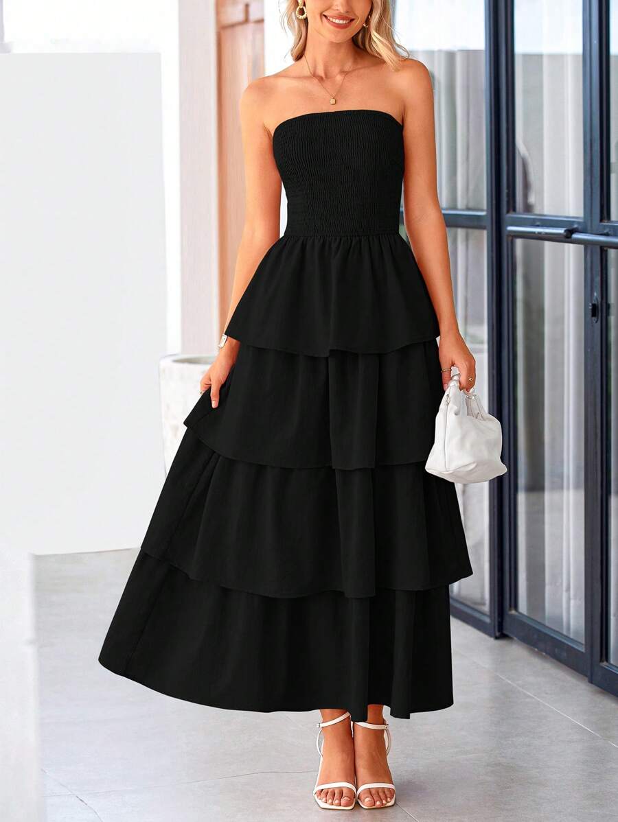 Ladies Elegant Summer Off-The-Shoulder Frilly Layered Cake Dress Long Flowing Dress Casual Beach Sundress - màu đen - Xem 1
