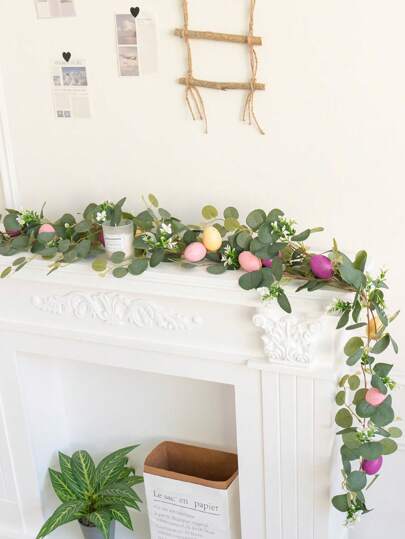 1 peça 66,9 polegadas guirlanda de ovo de Páscoa artificial simulando plantas verdes, com ovos de Páscoa, decoração de videira de folhas de eucalipto de primavera, adequada para decoração de casa interna e externa, centro de mesa de jantar, porta da frente, lareira, jardim, festival, decoração de festa, sem necessidade de fonte de alimentação