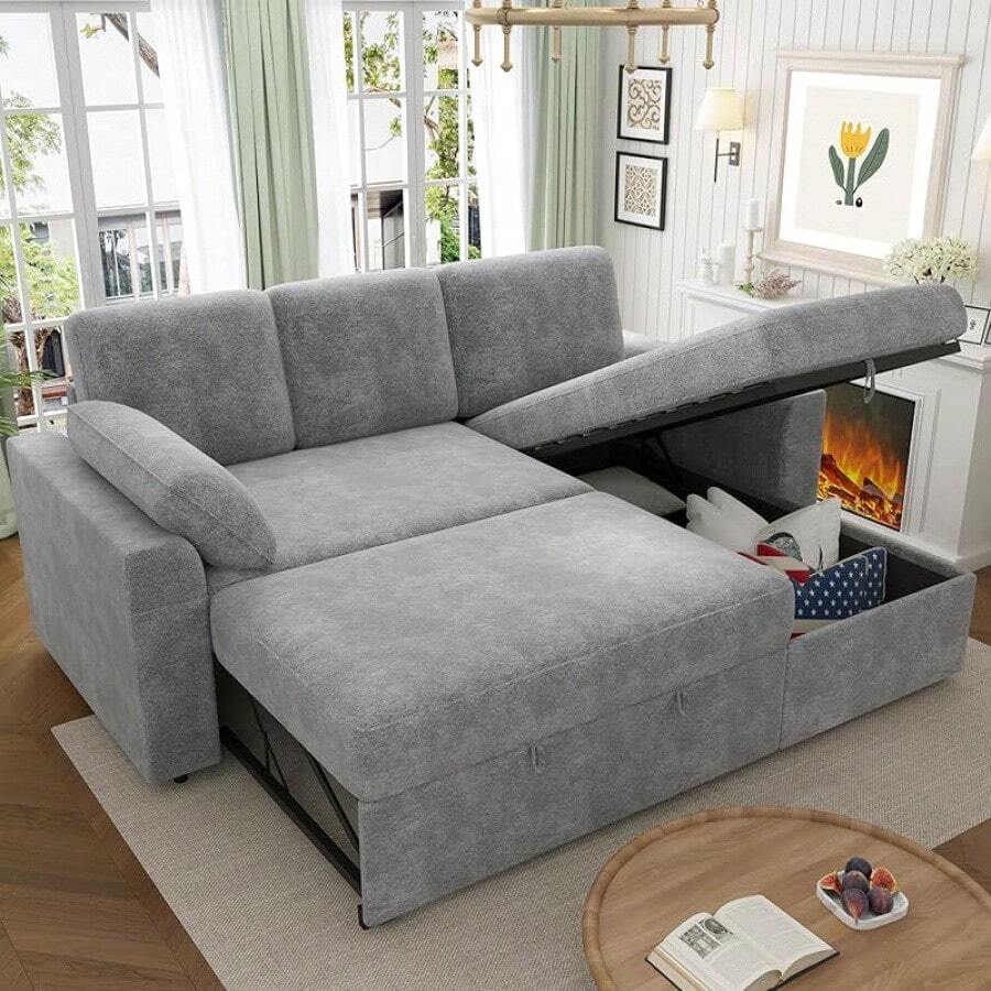 2-In-1 Sectional Sleeper Sofa With Pullout Bed And Storage, Reversible Chaise Couch For Apartment Living Room - 3 Seat Convertible Couch - Xám - Xem 1
