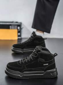 British Style Black PU Skateboard Shoes For Teenagers, Men Black Suede Round Toe High-Top Lace-Up Dress Shoes