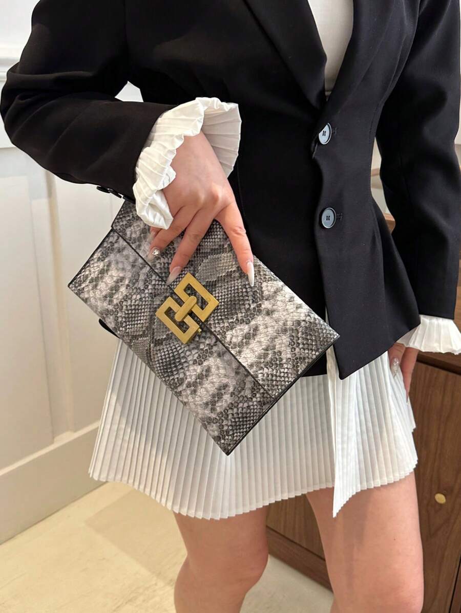 1pc PU Leather Snake Skin Pattern Color Block Handbag Envelope Clutch, Lightweight And Convenient For Daily, Date, Party, Gift - Multicolor - View 1