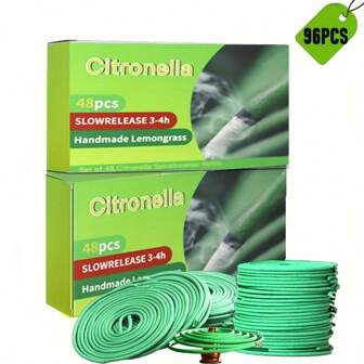 96 pièces de bobines parfumées à l'huile essentielle de citronnelle et de lemongrass. Bâtonnets d'encens en cire de palme naturelle pour l'extérieur, le jardin, le barbecue, le balcon/la terrasse, la randonnée, la purification d'air à la maison