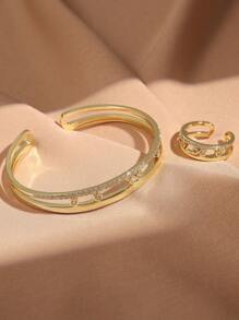 rakol 2 Stücke Set glänzender minimalistischer goldener runder Armreif & Ring Set, Alltagsschmuck Geschenke für Frauen