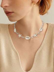 1pc Boho Turquoise Starfish And Pearl Woven Women Long Necklace, Suitable For Beach Vacation Wear
