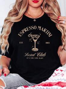 Oversized Style For Women, IT'S TINI TIME BABY T-Shirt, Enjoy Espresso Martini Shirt, Social Club Vintage Style Tee, Casual Mother's Day Gift Shirt, Loose Type Shirt For Women, Perfect For Holiday Parties Or Gift Giving, Soft And Comfortable - 黑色 - 查看 2